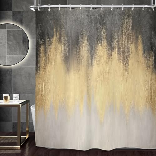 Miyotaa Abstract Gray Gold Modern Shower Curtain Set 60Wx71H Inches Contemporary Minimalist Neutral Art Waterproof Bathroom Curtain with 12 Hooks - color: Gray Gold, size: 60"W x 71"L (Pack of 1)
