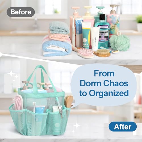 Mesh Shower Caddy Portable - 8 Pockets, S-Hook, Shower Bag for Dorm Camping | 2-Handle, Quick-Dry, Hanging Toiletry Organizer, College Dorm Room Essentials for Girls, Gym, Travel & Bathroom, Sage Green - color: Sage Green, size: L (Classic Dorm Caddy)
