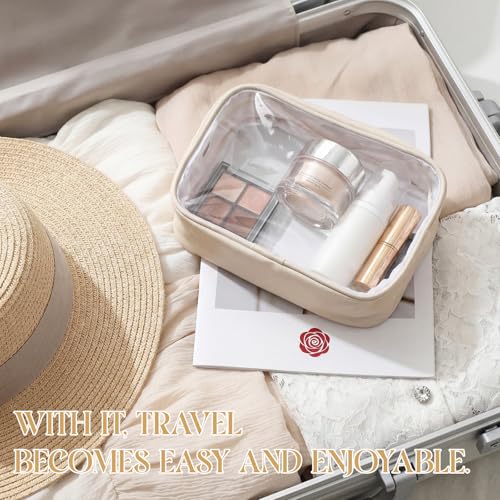 Abbylike 6 Pcs Clear Makeup Bags Bulk PU Leather Cosmetic Pouches Transparent Toiletry Bags with Zipper Waterproof Purse Skincare Car Organizer for Girl Women Travel Gifts(Beige) - color: Beige