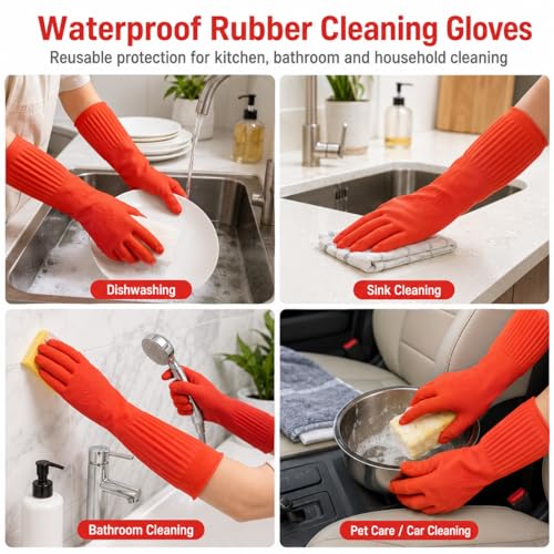ThxToms Dishwashing Gloves, 2 Pairs Fleece Lined Rubber Dish Gloves for Washing Dishes, Waterproof Reusable Kitchen Cleaning, Long Cuff Anti Slip,Large - size: Large (Pack of 4)