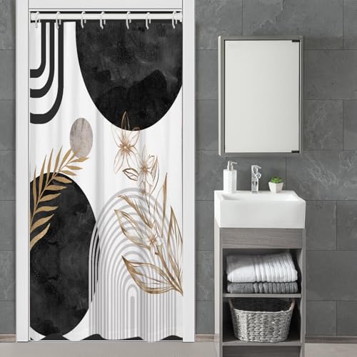 Black and Gold Shower Curtain Stall Small Half Single Mini Abstract Boho White Gray Grey Mid Century Modern Geometric Contemporary Fabric Cloth Bathroom Decor Set 36x72 inch Polyester 7 Hooks - color: Black, size: 36"W x 72"L (Pack of 1)