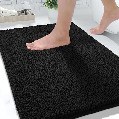 Yimobra Washable Bathroom Rugs, Super Soft & Absorbent Chenille Bath Mat for Floor & Carpet, Quick Dry Non Slip Bath Mat for Tub Shower, 24" x 17",Black - color: Black, size: 24" X 17"