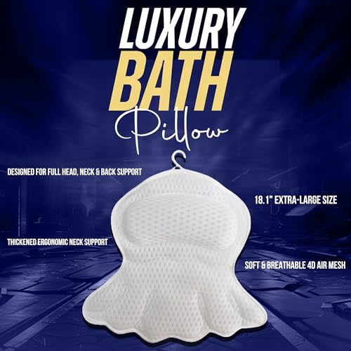 Luxury Bath Pillow for Tub – 4D Air Mesh Cushions with Non-Slip Suction Cups – Extra Soft Bathtub Headrest for Head, Neck & Back Support – Machine Washable Spa Bath Accessories Gift – White