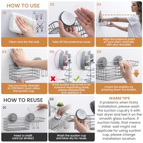 LEVERLOC Suction Cup Shower Caddy, Rustproof Shower Shelves for Inside with Hooks and Soap Holder, 2 Pack No Drill Meatl Bathroom Shower Organizer Grey - color: 2 X Grey