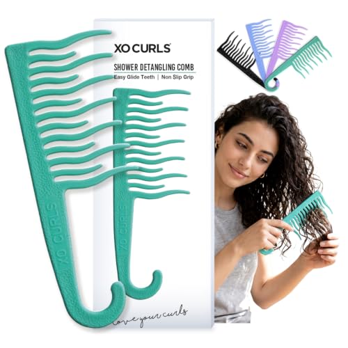 XO Curls Shower Detangling Comb - wide tooth comb with hook for easy hanging in shower, removes knots and tangles gently - color: Green