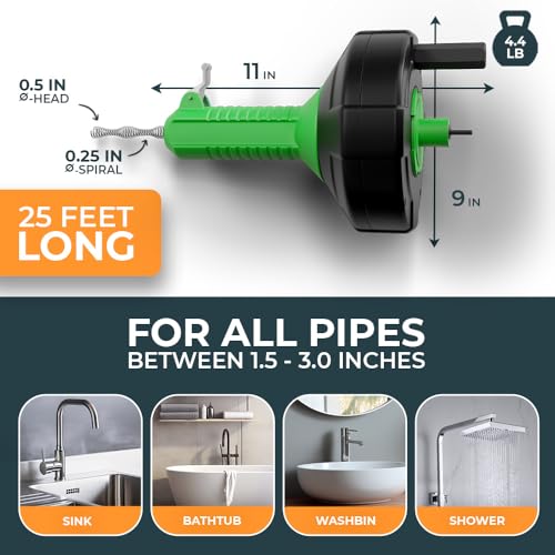 MEISTERFAKTUR drain snake [25 FT] - Auto Feed - Ideal plumbing snake for sink and drain unblocking - Solid drain auger for real DYIs! - color: 25 Ft
