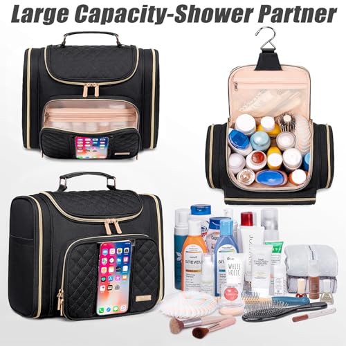 Tealari Large Toiletry Bag for Women Men,Bathroom Bag,Water Resistant Shower Bag,Makeup Bag,Toiletry Bags for Traveling,Hanging Toiletry Bag with Transparent Waterproof Phone Pocket - color: Black