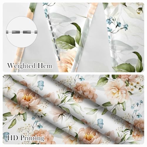 Vintage Floral Shower Curtain 74 Inches Long - Peach Rose & Sage Green Botanical Shower Curtain with Rustproof Hooks, Waterproof Fabric Bath Curtain for Modern Farmhouse Bathroom Decor - color: Floral-k