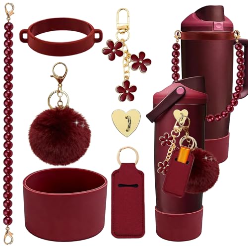 Compatible for Owala Accessories Bundle: Silicone Boot for FreeSip Sway 30oz & 40oz Bottles, Charms, Pearl Handle Strap, Rubber Bottom & Decorative Add-ons - color: Black cherry