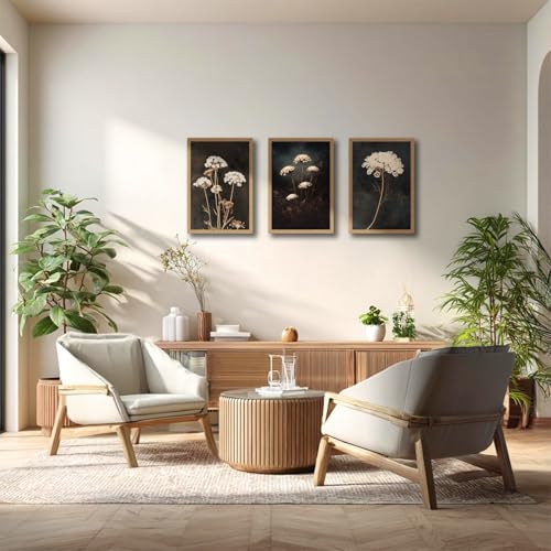 3Pcs Framed Moody Botanical Black Dark Flower Canvas Wall Art Set Elegant White Queen Anne’s Lace Flower Prints, Botanical Painting for Living Room, Bedroom, Office, Home Decor 16x24in - color: Elegant White Queen Anne's Lace Flower, size: 16x24 Inches