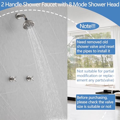 2 Handle Shower Faucet,Wall Mounted Two Handles Shower Faucet Set with 8 Modes Rainfall Shower Head,2 Knobs Single Function Shower Trim Kit with Rough-in Valve,Brushed Nickel - color: Brushed Nickel, style: 2 Handles-Single Function