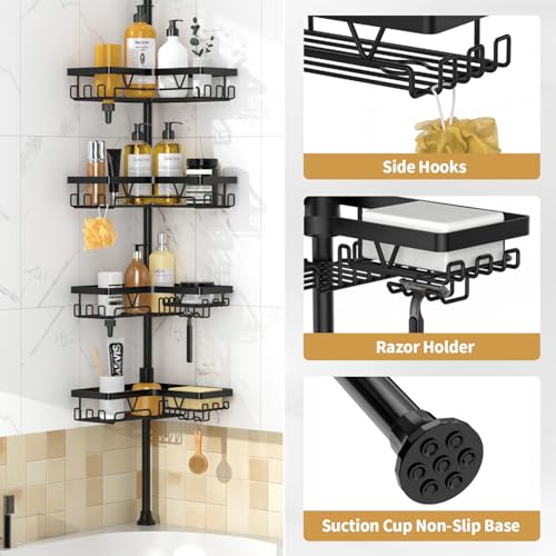 DAOYA Corner Shower Caddy - 4-Tier Shower Caddy Tension Pole with 2 Removable Soap holders Bathroom Shampoo Holder for Bathtub & Corner, Black, Floor to Ceiling 25-114.2 inch - color: Black-1