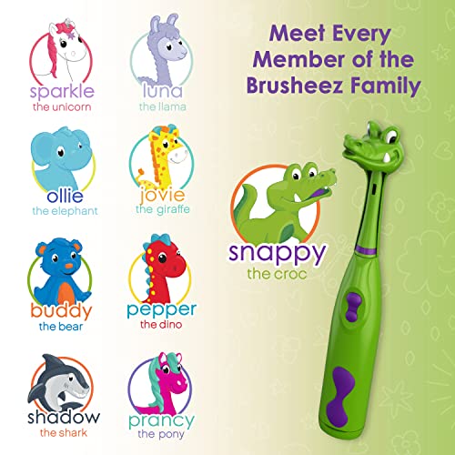 Brusheez Kids’ Electric Toothbrush Set - Safe & Effective for Ages 3+ - Parent Tested & Approved with Gentle Bristles, 2 Brush Heads, Rinse Cup, 2-Minute Timer, & Storage Base (Snappy the Croc) - color: Snappy the Croc