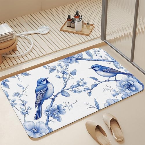 Diatomaceous Bathroom Rugs,Blue Birds Bathroom Decor,Retro Flowers Non Slip Bath Mat,Quick Dry Easy to Clean Care Shower Rug for Home Dorm Low Profile Floor Mat 17 X 29.5 Inch - color: Blue Birds
