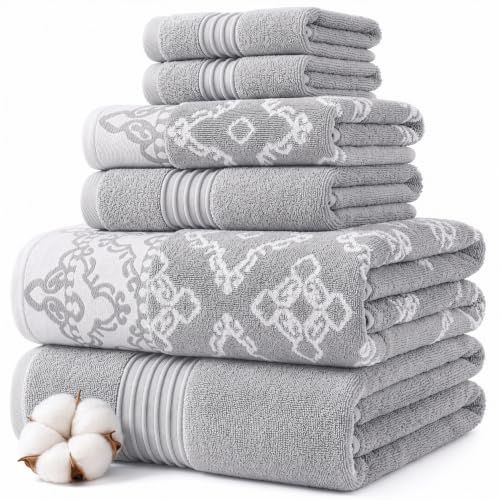 Modern Threads Charlize 6-Piece 100% Cotton Towel Set – Reversible Yarn Dyed Jacquard & Solid – Includes 2 Bath Towels, 2 Hand Towels, 2 Washcloths – Absorbent, Quick Dry, Soft & Durable – Stone - color: Stone, style: Fancy Medallion