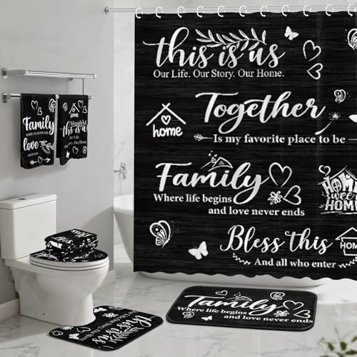 Tatuo 8 Pcs Family Shower Curtain Set Black Home Theme Bathroom Accessories Sets Farmhouse Rustic Waterproof Shower Curtain with Towels Carpet Bath Mat Toilet Rugs and 12 Hooks Housewarming Gift - style: Black Home
