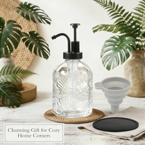 11.8Oz Vintage Glass Bathroom Soap Dispensers with Black Pump, Refillable Kitchen Dish Soap Dispenser with Embossed Leaf, Modern Farmhouse Hand Soap Liquid Bottle -2 Pack - color: Clear/Black, size: 2Pack