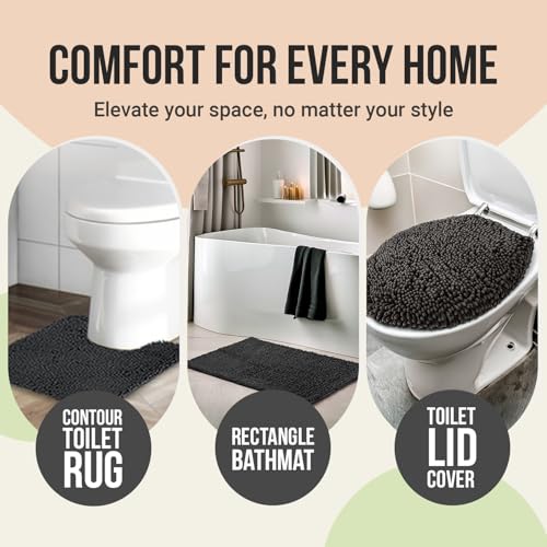 ITSOFT Standard 3pc Non-Slip Shaggy Chenille Bathroom Mat Set, Includes 24"x21" U-Shaped Contour Toilet Rug, 34"x21" Bathmat and 1 Toilet Lid Cover, Chocolate Brown - color: Chocolate Brown, size: 24''x21’’, 34’’x21’’ and TLC (Set)