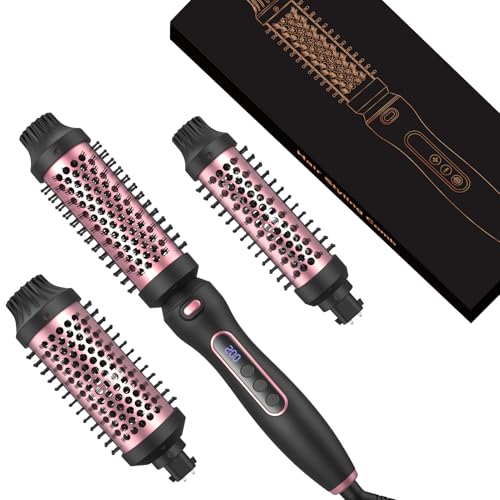 Thermal Brush Set 3-in-1 Curling Iron Brush Set, Dual Voltage 110-220V Thermal Hair Brush with 11 Temp Settings, 3 Interchangeable Travel Curling Irons (1.25“, 1.5”, & 1.75" Barrels) (Black) - color: Black