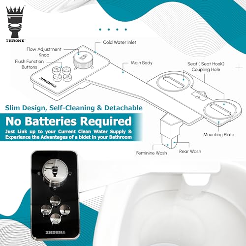 Throne Bidet Attachment - USA Patented - Non-Electric Self Cleaning Water Sprayer Toilet Bidet Seat Attachment, Double Nozzle (Frontal & Rear Wash), Easy Install (Black) - color: Black/Chrome