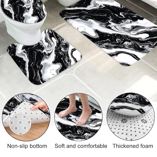 Lnond 4Pcs Marble Bathroom Sets with Shower Curtain and Rugs, Black Marble Modern Art Bathroom Shower Curtain Sets with Rugs and Accessories - color: Black Marble