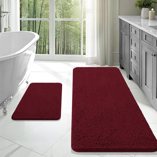 OLANLY Bathroom Rugs Sets 2 Piece, Soft Absorbent Chenille Bath Mats Area Rug Set, Non-Slip, Quick Dry, Machine Washable Bath Mats for Bathroom, Home Decor Accessories (47"x20"+24"x16", Burgundy) - color: Burgundy, size: 47" X 20" + 24" X 16"