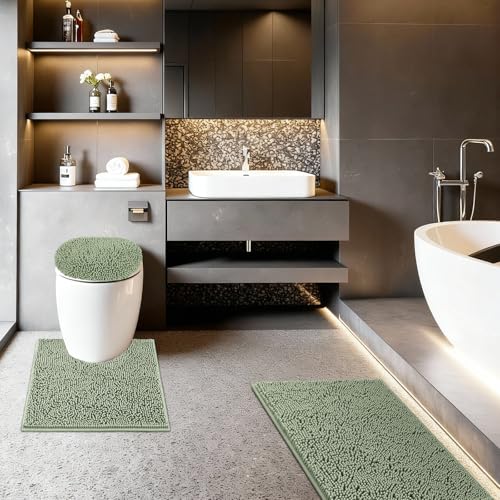 Bathroom Rugs Sets 3 Piece with Adjustable Toilet Seat Cover 19.5"x 18.5" Machine Washable Bath Rug Set with TPR Non Slip Rubber Backing Solid Bath Mat Set for Luxury Bathroom Decoration - color: Sage Green