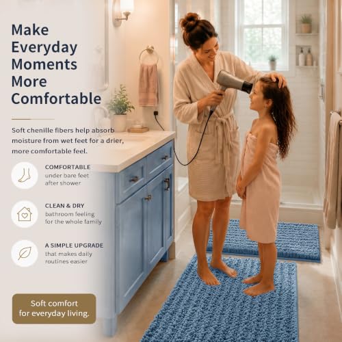 Yimobra Bathroom Rug Set 3 Piece - Super Absorbent Quick Dry Chenille Bath Mats & Toilet Rug, Non Slip Machine Washable, Extra Thick Shaggy Floor Mat for Shower Tub Sink, Denim Blue - color: Denim Blue, size: 24"x20" + 30"x20"+ 44"x24"