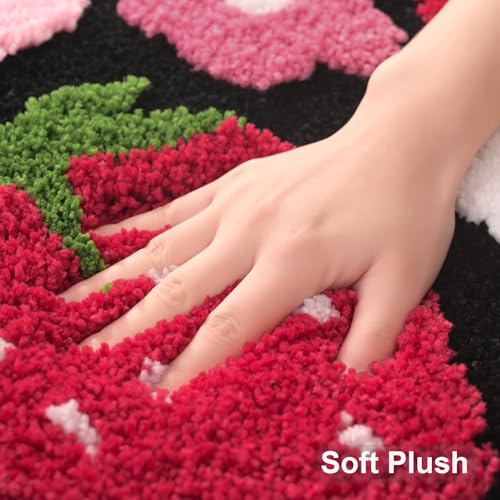Anybar U-Shaped Toilet Rug 20x20'' - Super Soft Absorbent Bathroom Mat with Cute Strawberry & Flower Design, Non-Slip Quick-Dry Washable Contour Rug for Toilet, Bath Mats for Bathroom Decor（Black） - color: Black, size: 1'8" x 1'8" (U-Shape)