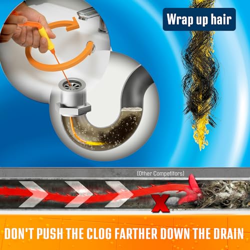 FlexiSnake Drain Weasel Sink Snake Hair Clog Remover Tool Kit, 10 Wands | Pipe, Bathroom, Bathtub Cleaner, 18-inch Long Refills, Flexible, Removable Handle, Made in The USA