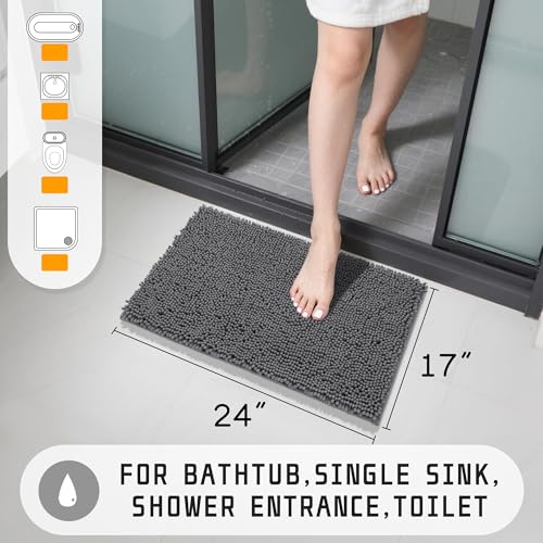 Yimobra Washable Bathroom Rugs, Super Soft & Absorbent Chenille Bath Mat for Floor & Carpet, Quick Dry Non Slip Bath Mat for Tub Shower, 24" x 17",Dark Gray - color: Dark Gray, size: 24" X 17"