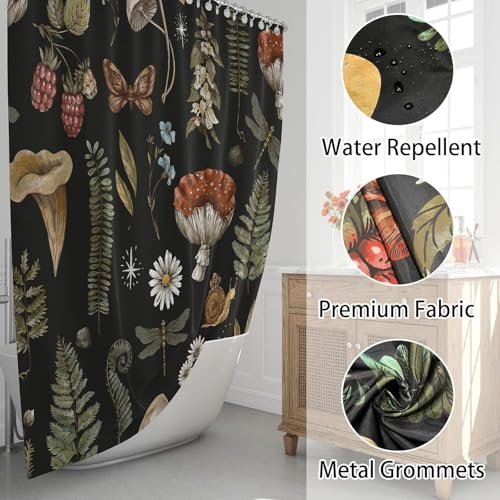 Vintage Mushroom Shower Curtain, Black Botanical Floral Woodland Nature Forest Plants Witchcraft Bathroom Curtain, Waterproof Polyester with Hooks 72 x 78 inch - color: Green Red Black, size: 72"W x 78"L (Pack of 1)