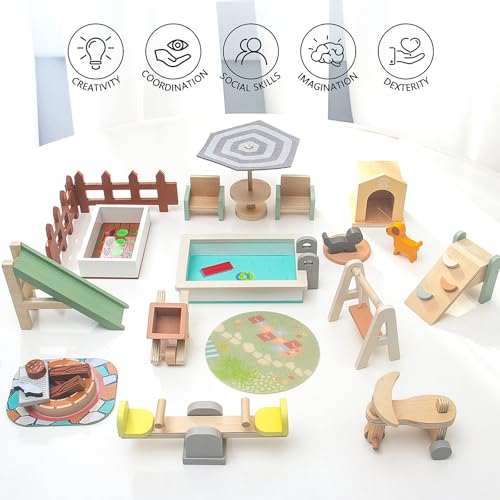 HAPGFS Wooden Doll House Furniture and Accessories Outdoor Play Set for Kids- Includes Slide, Swing, BBQ Grill, Pool & Garden - Perfect Doll House Decor Gift for Children 3-6 Years Birthday Christmas - style: Outdoor