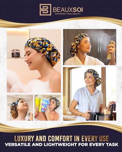 Luxury Reusable Waterproof Shower Cap for Women - Satin Lined, Adjustable - Keeps Hair Dry, Durable Hair Bonnet by BEAUXSOI (African Majesty) - color: African Majesty