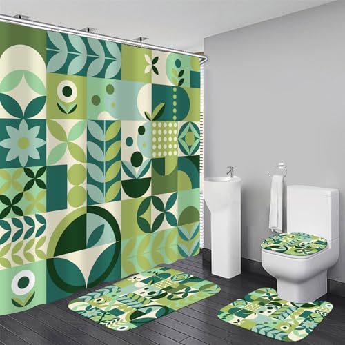 Chrainy 4Pcs Geometric Grid Shower Curtain Sets for Bathroom and Toilet Green Checkered Modern Bathroom Decor Sets with Shower Curtain and Rugs,Accessories Bath Mat,U Shape and Toilet Lid Cover - color: Green