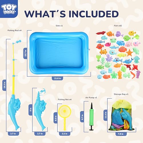TOY Life 4-Player Magnetic Fishing Game for Kids 3-5 - Toddler Fishing Pole Set with Fish Toys - Bath & Pool Toys - Water Table Accessories - Educational Fishing Toy Rod for Boys Girls - color: 4 Kids Fishing Pole With Inflatable Pool