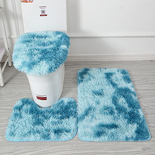 Soft Bathroom Carpet 3 Piece Bathroom Rugs and Mats Set Bath Mats Set with U-Shaped Toilet Floor Mat Rugs andToilet Lid Cover Mat(Blue) - color: Blue