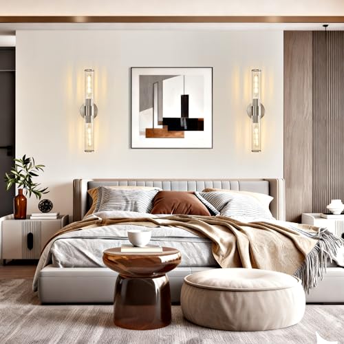 Bathroom Vanity Light Fixtures, Nickel Wall Sconces in Threaded Glass, Modern Wall Light for Bathroom Living Room Bedroom, Hallway - color: Nickel-B