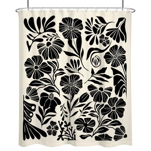 Black Floral Shower Curtain Large Extra Long Boho Flower Farmhouse Vintage Gothic Abstarct Retro Whimsical Funky Botanical Moody Fabric Cloth Bathroom Decor Set 72x84 inch Polyester 12 Hooks - color: Black, size: 72"W x 84"L (Pack of 1)