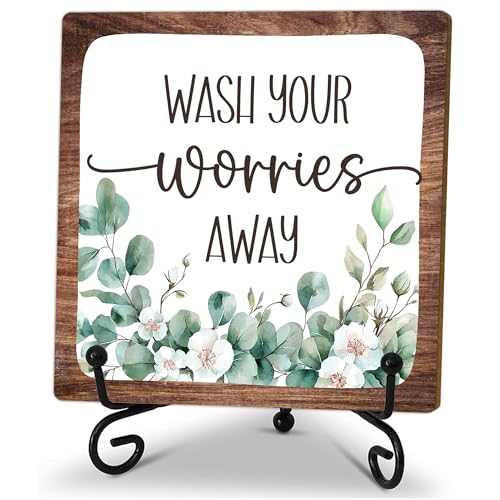 5" Bathroom Decor, Wash Your Worries Away Sign, Sage Green Bathroom Laundry Room Decor, Bathroom Guest Bathroom Decoration, Funny Toilet Bathroom Plaque Sign Table Shelf Decor-A01 - color: Wash Your Worries-01