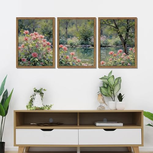 Framed Monet Wall Art Set of 3, Impressionist Botanical Floral Canvas Wall Decor, Vintage Cottagecore Artwork Paintings, Nature Landscape Flowers Prints Pictures for Living Room Bedroom 16x24 Inch - color: Green Flower Lake, size: 24"L x 16"W