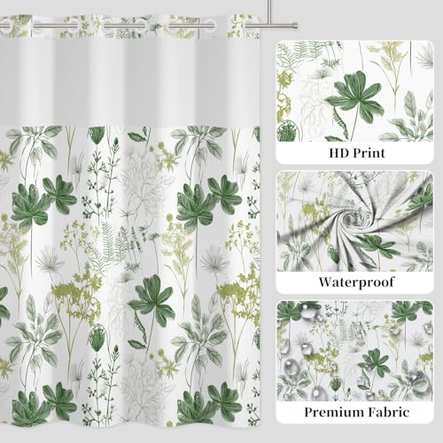 No Hook Plant Shower Curtain with Snap in Liner, 71x74 Inch | Sage Green Leaf Pattern Shower Curtains for Bathroom, Mesh Top Window Waterproof Washable Fabric - color: Green Botanical