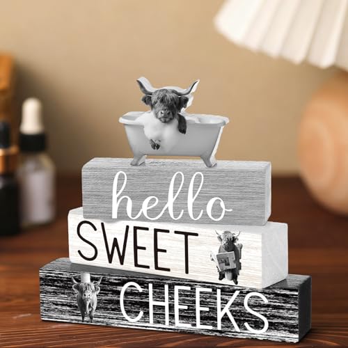 Cinnvoice 4 Pcs Funny Highland Cow Bathroom Decor Farmhouse Bathroom Decoration Western Hello Sweet Cheeks Table Centerpiece Gift for Christmas Valentines Back to School - style: Funny Highland Cow