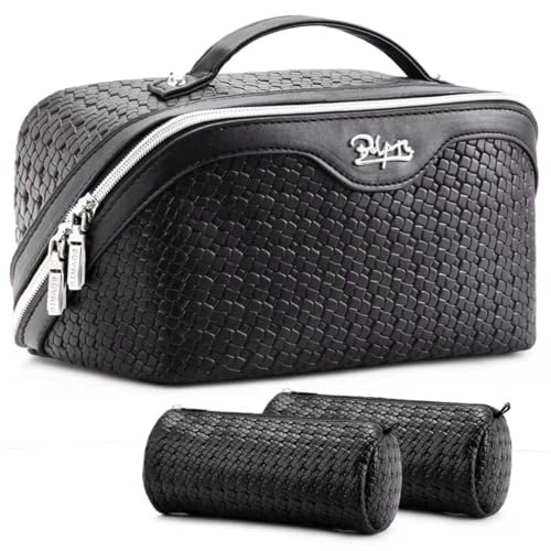 BOYATU Travel Makeup Bag Cosmetic Bags for Women: Large Capacity 3 Pcs Set Make up Bag with Compartments - Waterproof Vegan Leather Toiletry Organizer Bags with Handle (L15 Black) - color: L15 Black