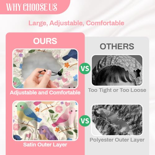 Bohemian Birds Flowers Reusable Shower Cap Cute Double Layer Waterproof Shower Caps Large Elastic Hair Cover Adjustable Hair - Drying Caps for Woman Bath SPA Travel One Size Fits Most - color: Birds Flowers