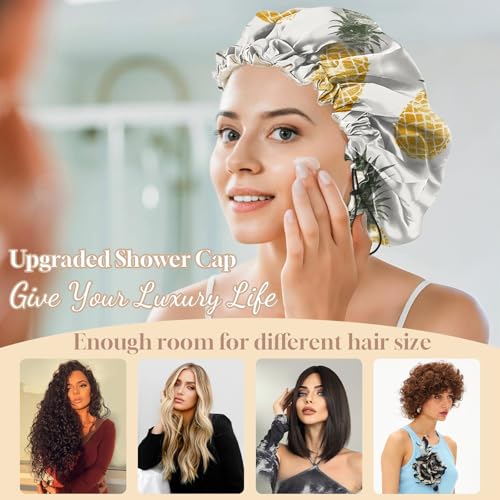 Luxury Shower Cap Adjustable Reusable Double Waterproof Layer Elastic Satin Lined Hair Bath Cap Cute Aesthetic Women Girls (K11-Pineapple) - color: K11-Pineapple