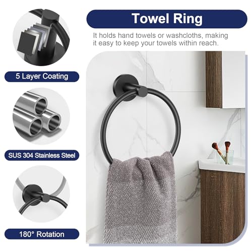 5-Piece Towel Bar Set Black Bathroom Hardware Accessories Set Upgraded Toilet Paper Holder with Shelf Towel Holder Set for Bathroom Stainless Steel Wall Mounted - color: Matte Black, size: 5-Piece Upgraded Set
