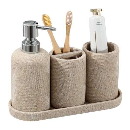 Bathroom Accessories Set, Bathroom Organizer Countertop, Soap Dispenser and Toothbrush Holder, Mouthwash Cup, Tray Set, Vanity Tray for Bathroom, 4 Pieces Modern Decor (Beige) - color: Beige 4pcs