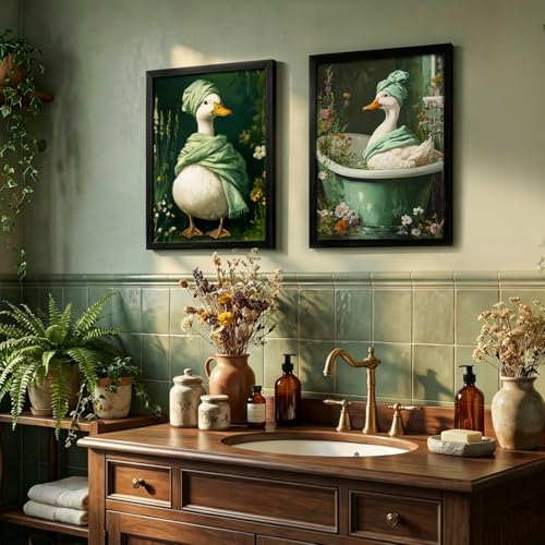 RUMSICH 2pcs Set Of Black Framed Duck Wall Art Canvas Paintings Cute Farmhouse-Style Bathroom Wall Decor Retro Green Spa Animal Artwork Suitable For Bathrooms Bedrooms And Laundry Rooms 12x16 Inch - color: Black-framed Duck, size: 16"L x 12"W