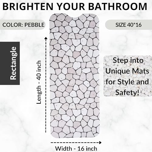 ENKOSI Bath Mat – Large 40 x 16 Inch Non-Slip Bathtub Mat with Secure Suction Cups & Drain Holes – Extra Long Bathroom Shower Mat for Tub with Grey Pebble Design (Grey Pebble 40x16) - color: Pebble